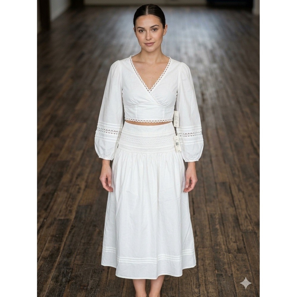 Two Piece Midi Skirt Set - Puff Sleeve Smocked Boho Crop Top and Skirt Co-Ord XS